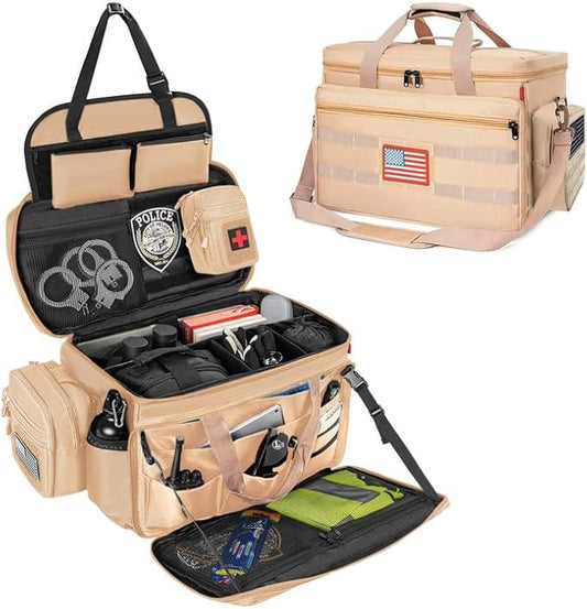 Patrol Bag Law Enforcement, Police Gear Bag Car Front Seat Organizer for Police with Laptop Layer and Cup Holders, MOLLE System, Fits Vehicle Passenger Seat Khaki
