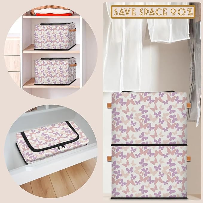 Large Toy Box Collapsible Storage Bins with Lids Closet Storage Baskets for Organizing Shelves Nursery Toy Storage Organizer Boxes for Kids, Boys, Girls (Pink Purple Floral Butterfly)
