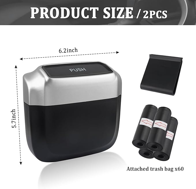IHOTDER 2PCS Car Trash Can with Lid + 60PCS Garbage Bag,Mini Trash Can Car Interior Accessories with Capacity 700ml,Multifunctional CCar Organizers and Storage(Silver)