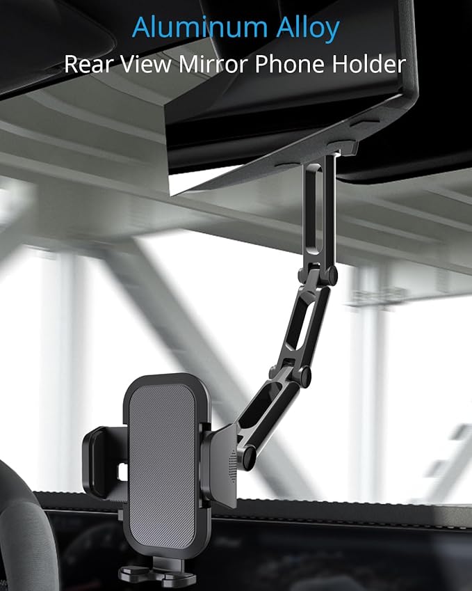 Quyee Phone Holder Car, Rear View Mirror Phone Holder - Aluminum Alloy Mount Multi-Angle Adjustment Rotatable and Retractable Compatible with All 4-7 Inch iPhone and Android Cell Phones (XL Black)