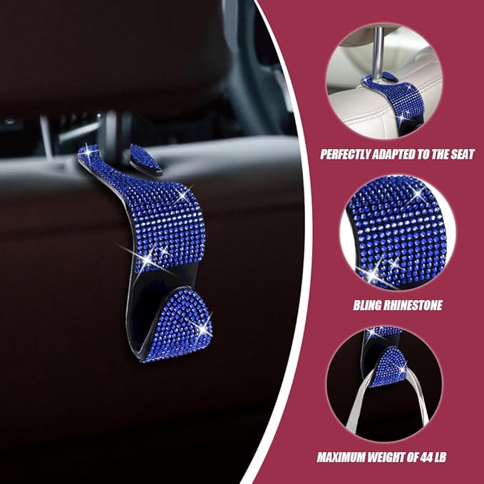 deemars 2 Pack Car Seat Headrest Hook, Bling Car Hooks Front Seat, Back Seat Organizer Hanger Storage Hook Car Purse Hook for Bags, Clothes, Coats, Grocery Bags (Blue)