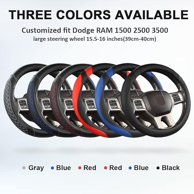 West Llama Customized Auto Car Steering Wheel Cover for Dodge RAM 1500 2500 3500, 15.5-16 inch (Diamond Quilted-Black+Red-Large Size)