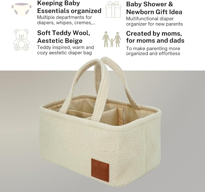 Baby Diaper Caddy Organizer: Soft Beige Teddy Wool - Portable Diaper Caddy, Car Organizer - Newborn Essentials Must Have - Nursery Storage Basket for Baby Essentials. Baby shower & Newborn Gift Idea