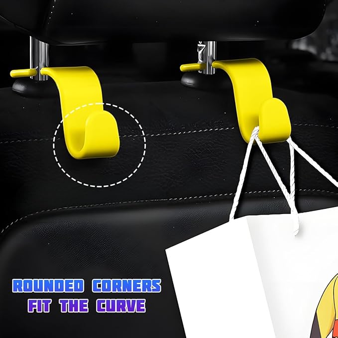 Car Seat Headrest Hooks, 4PCS Multifunctional Vehicle Back Seat Storage Hanger Holder for Hangbag Coat Grocery, Auto Interior Headrest Hook Organizer, Universal for Vehicles (Yellow)