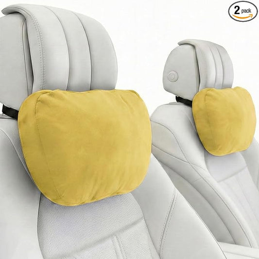 2PCS Car Pillow for Car Neck Pillow for Driving Seat Neck Support Soft Cushion Back Support Head-Rests for Vehicle Sleeping with Elastic Adjustment Strap (Golden, Head)