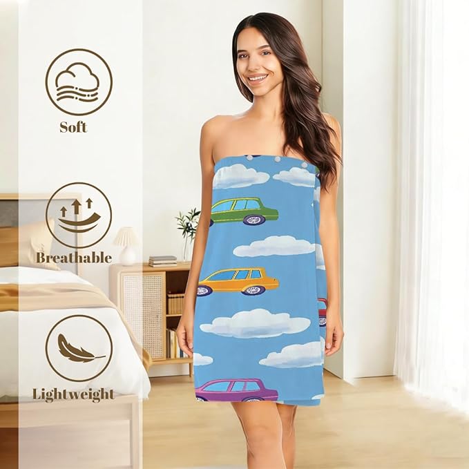 Women's Bath Wrap Colored Cars Clauds Absorbent Shower Spa Body Bath Robe Wraps Bathrobe Towel with Adjustable Closure
