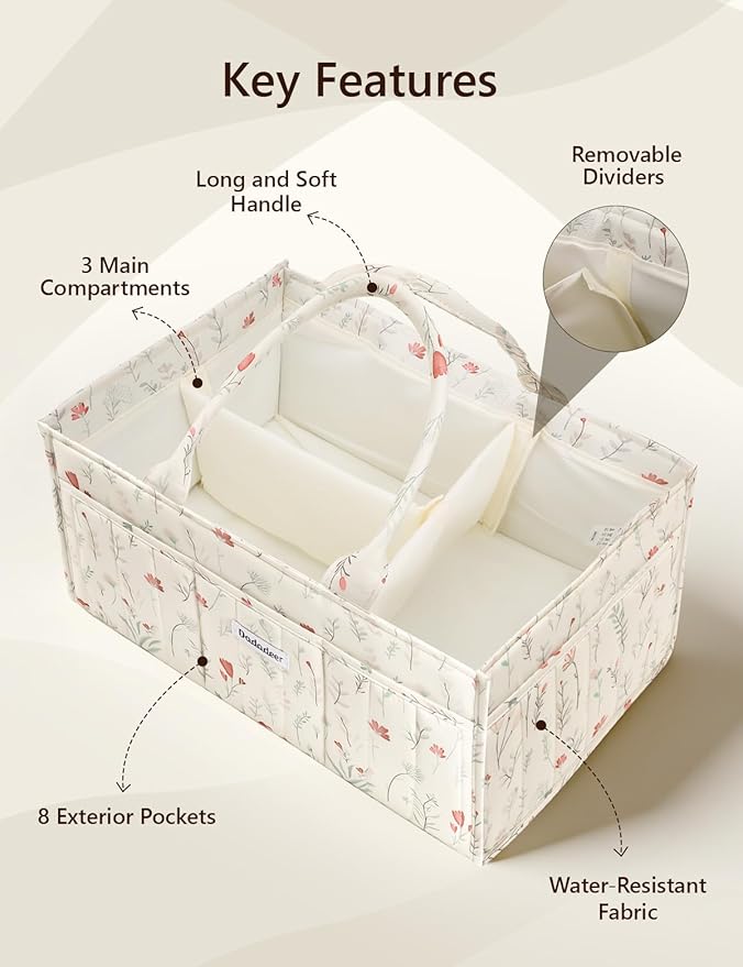 Baby Diaper Caddy Organizer, Portable Nursery Storage Basket for Newborn Essentials, Changing Table & Car Caddy Organizer, Gift for Baby Shower, Registry Must-Have for Boy Girl, Floral Beige