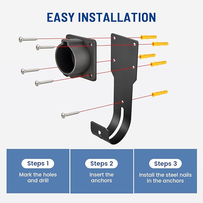 Anina EV Charger Holder for SEA J1772 Connector J Hook Car Nozzle Holster Dock Wall Mount Electric Vehicle Cable Organizer Compatible with Ford BMW Nissan Audi Heavy Duty Steel