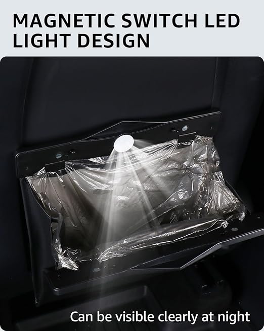 Motrobe Tesla Model Y Juniper Trash Can 2020-2026 Garbage Bag 1PCS Garbage Bin [Strong Magnetic Buckle] Waterproof with LED Light Faux Leather Model Y Interior Accessories 2.5 Gallons