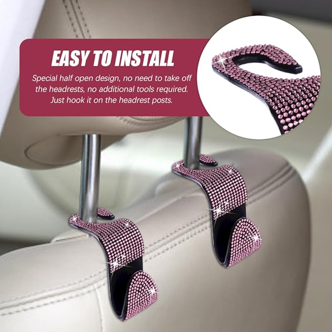 deemars 2 Pack Car Seat Headrest Hook, Bling Car Hooks Front Seat, Back Seat Organizer Hanger Storage Hook Car Purse Hook for Bags, Clothes, Coats, Grocery Bags (Pink)