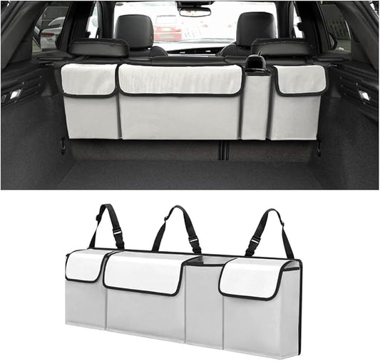 BELOMI Car Trunk Organizer, Auto Waterproof Sturdy Backseat Hanging Large Storage Collapsible Cargo Bag with Anti-Slip Adjustable Strip &4 Pockets, Vehicle Interior Accessories (White/Gray)