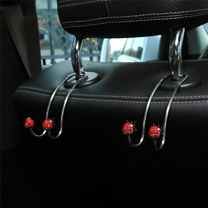 BESULEN Strawberry Car Decor Hooks, 2 Pack Bling Diamond Seat Back Organizers, Auto Headrest Storage Hangers Hooks for Purse Handbag Clothes Grocery, Universal Car Accessories for Women (Red)