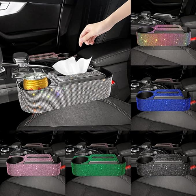 Bling Car Seat Gap Filler, Crystal Rhinestones Tissue Box Multifunctional Car Gap Organizer with Cup Holder, Bling Napkin Paper Dispenser Storage Case Car Interior Seat Gap Accessories