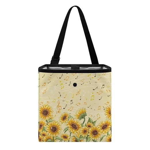 Sunflower Music Notes Pattern Car Trash Can Leakproof Trash Bin Car Garbage Can Hanging Water-Resistant Collapsible Auto Trash Bag Car Accessories for Women Men