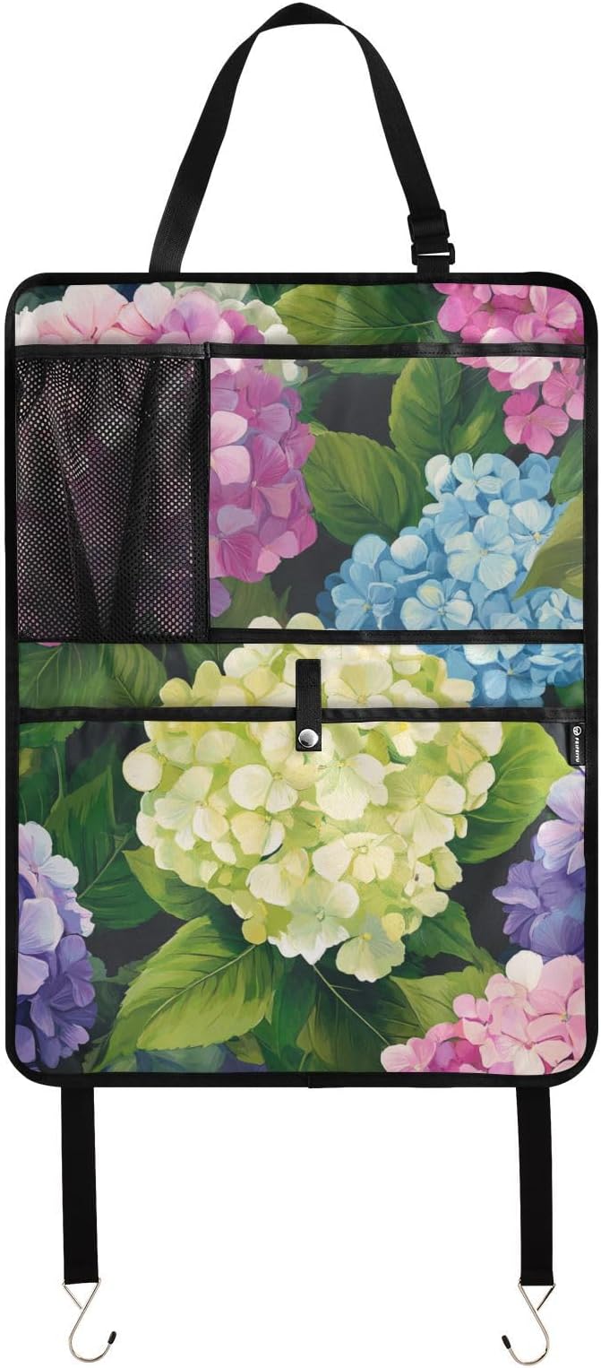 Pink Hydrangea 2 Pack Backseat Car Organizer with Storage Pockets Seat Back Organizers for Kids Kick Mats Backseat Protector Automotive