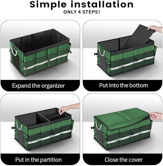 Car Trunk Organizer, Car Storage Organizer with Waterproof Bag Collapsible Multi Compartment Organizer for Car, Suv, Sedan, Truck, Aluminium Handle (Green, Large 66L)