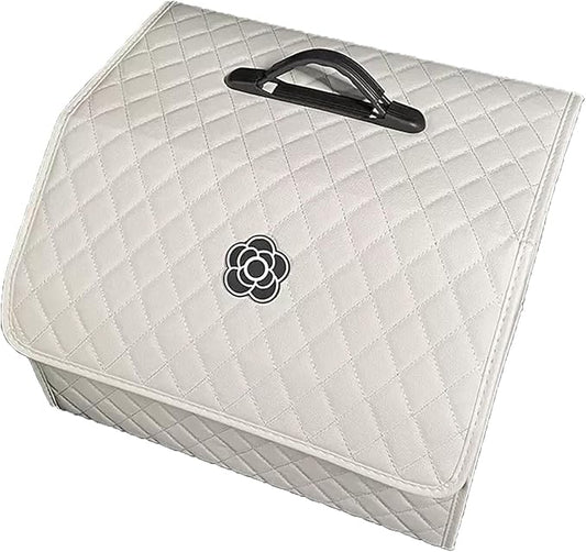 Tissting Car Storage Box PU Leather Trunk Suv Organizer with Lid, White 39x31x29cm Garage Cargo Organizer for Camping Picnic Shopping