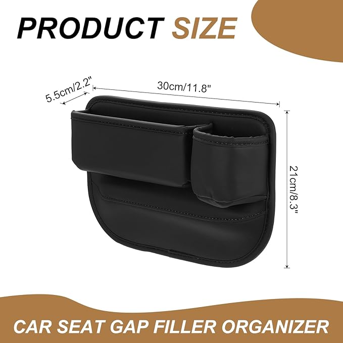 HARFINGTON Car Seat Gap Filler Organizer 11.8 x 8.3 x 2.2 Inch PU Universal Car Organizer Storage Box Between Seat and Console (Right) with Cup Holders for Phone Sunglasses Keys, Black
