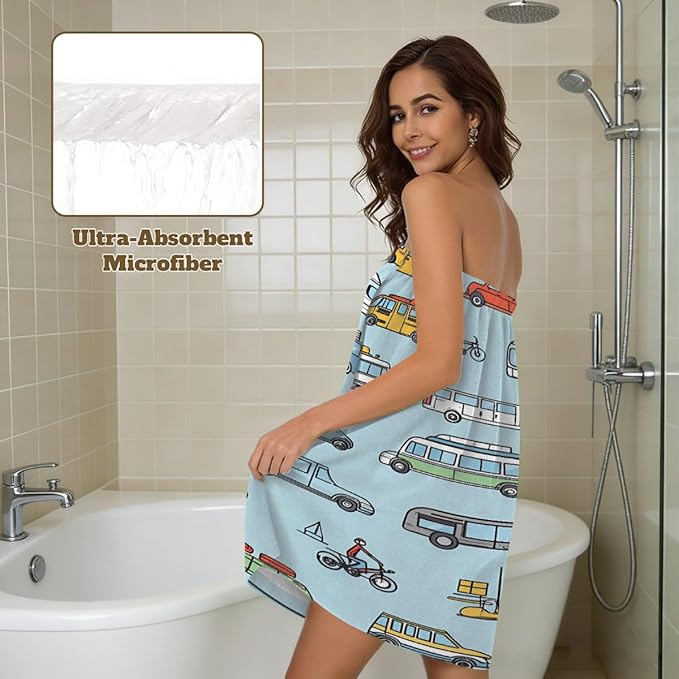 Women's Bath Wrap Retro Cars Bus Pattern Absorbent Shower Spa Body Bath Robe Wraps Bathrobe Towel with Adjustable Closure