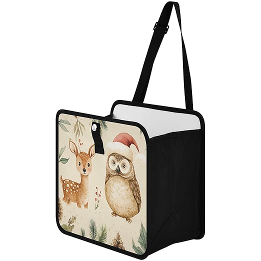 Car Trash Can Organizer Bin with Adjustable Strap for Back Front Seat Console Waterproof Leakproof Collapsible Portable 11 Inch Christmas Deer Owl Pinecorns Leaves Beige
