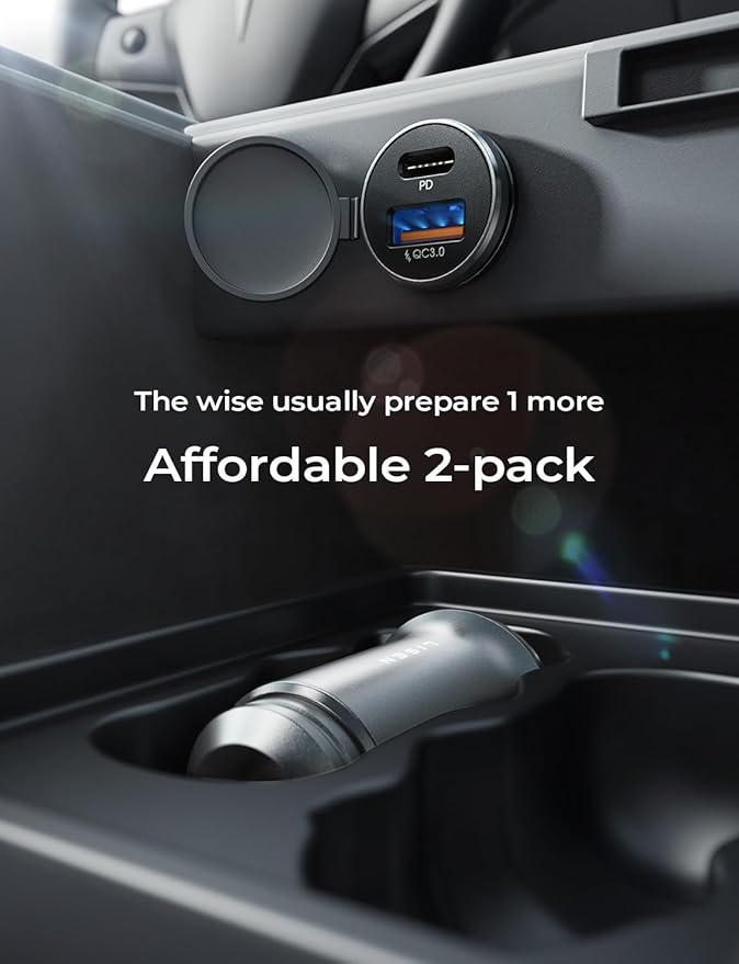 LISEN 48W USB C Car Charger Adapter [2 Pack] [Mini & Metal] Cigarette Lighter USB Charger Fast Charging [PD QC 3.0] USBC Car Phone Charger for iPhone 15 Pro Max Plus 14 Samsung Galaxy iPad Silver