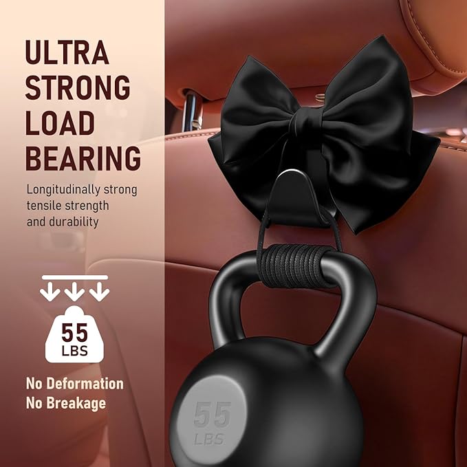 Bow Car Hooks for Purses and Bags, 2 Pack Cute Car Purse Hook, Universal Car Seat Headrest Hooks Bag Holder, Bow Car Accessories, Automotive Purse Hook Hanger Interior Decoration Accessories (Black)