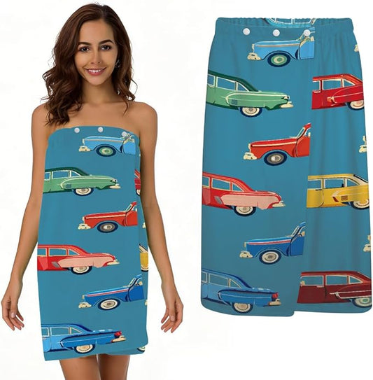 Towel Wrap for Women, Wearable Towel Dress Spa bathrobe with Adjustable Closure(Cartoon Retro Vintage Car)