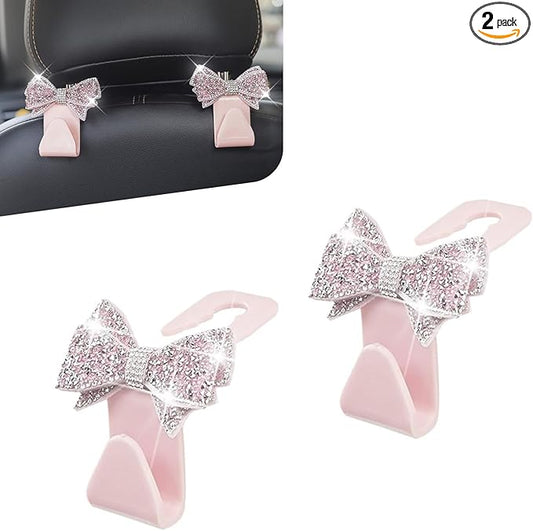 2 PCS Bling Car Seat Headrest Hooks, Crystal Rhinestone Bow Vehicle Hooks for Purses and Bags, Automotive Purse Hook Hanger, Universal Diamond Car Rear Seat Organizer (Pink)