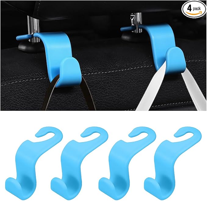 Car Seat Headrest Hooks, Multifunctional 4PCS Vehicle Back Seat Storage Hanger Holder for Hangbag Coat Grocery, Auto Interior Headrest Hook Organizer, Universal for Vehicles (Sky Blue)