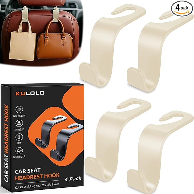 Car Seat Hooks & Purse Holder - 4 Pack Boxed,55 lb Heavy Duty,Eco PP Car Hooks for Purse/Bag/Baby Gear/Gym Bag/Groceries/Cup/,Fits 0.32-0.55”Car Headrest Rods (Beige)