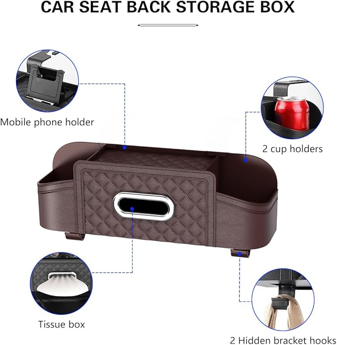 Mandark Car Headrest Backseat Organizer, Multifunctional Vehicle Seat Back Storage Box with Drink Cup Holder and Hooks, Automotive Travel Accessories, Universal for SUV, Sedan, Truck (Brown)