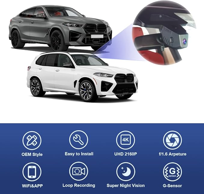 Fitcamx 4K Dash Cam Suitable for BMW X5 X5 M Hybrid & X6 X6 M 2024 2025 2026 (G05/G06), OEM Factory Style, UHD 2160P Video, Built-in WiFi & APP, Loop Recording, G-Sensor, Easy to Install, 64GB Card