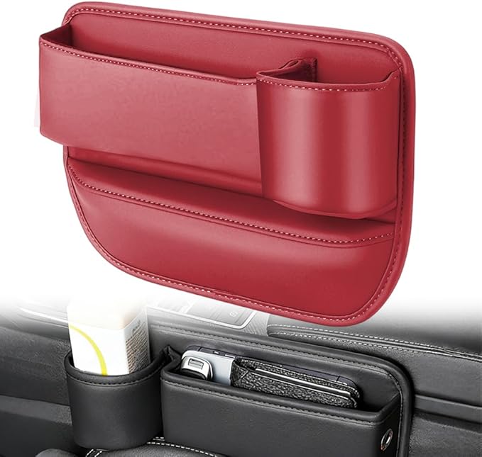 Car Leather Cup Holder Gap Bag, Adjustable Car Seat Gap Storage Box Leather with Cup Holder, for Keys, Cards, Phone, Sunglasses, Multi-Purpose Essentials Organizer (Red, Passenger Seat)