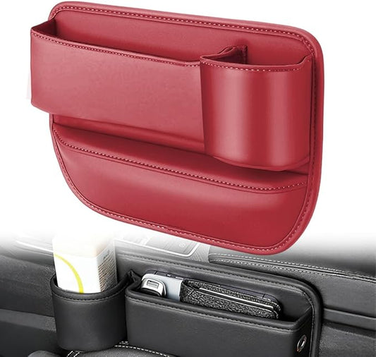 Car Leather Cup Holder Gap Bag, Adjustable Car Seat Gap Storage Box Leather with Cup Holder, for Keys, Cards, Phone, Sunglasses, Multi-Purpose Essentials Organizer (Red, Passenger Seat)