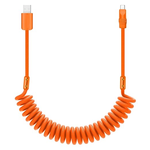 chubbycable Curly Chubby 120W Coiled USB C Cable Retractable Fast Charging Cable for Car Charger Cord Compatible with iPhone 17-15 Series, Orange, USB-A to Type-C, 2.29FT-3.6FT