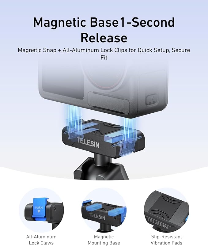 TELESIN Suction Cup Car Mount for DJI Action 6 5 pro/4/3 – Strong Magnetic Base, 360° Adjustable Dual Ball Head, Quick Release Camera Mount for Windshield, Dashboard & Smooth Surfaces