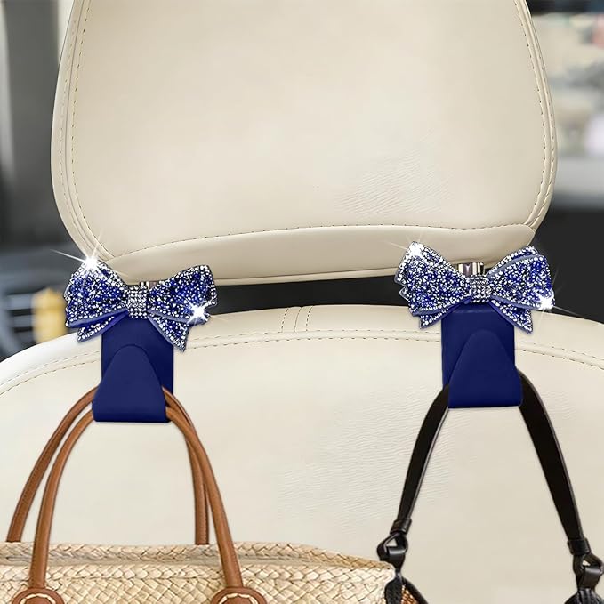 Zpana Bling Car Headreat Hook, 2PCS Crystal Rhinestone Cute Bow Vehicle Seat Back Hanger Storage for Purses Bags Grocery, Diamond Auto Rear Seat Organizer, Universal for SUV Truck Sedan (Blue)