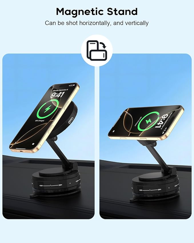 Wireless Car Charger,Strong Magnetic Phone Holder, [15W Wireless Faster Charging],360° Adjustable Foldable Phone Holder for Car/Mirror/Smooth Surface Compatible with iPhone 17 Pro Max/17 Air/16 Pro/15
