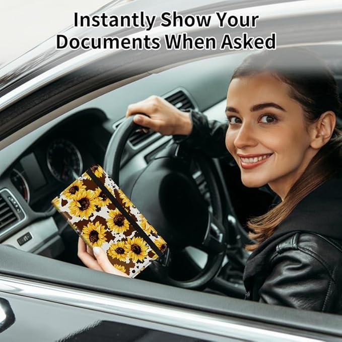 Car Registration and Insurance Card Holder, Vehicle License Documents Glove Box Compartment Organizer Wallet, ID Card Holder for Car Essentials Automobile, Leopard Sunflower Western