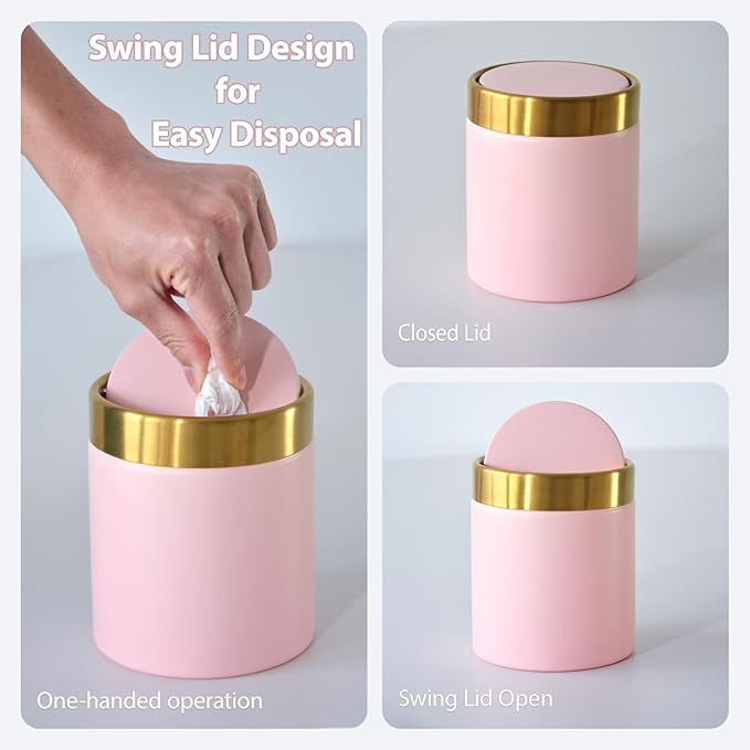 Mini Pink Trash Can with Lid, 1.5 Liter / 0.4 Gallon Metal Garbage Bin for Makeup Vanity Countertop Desktop