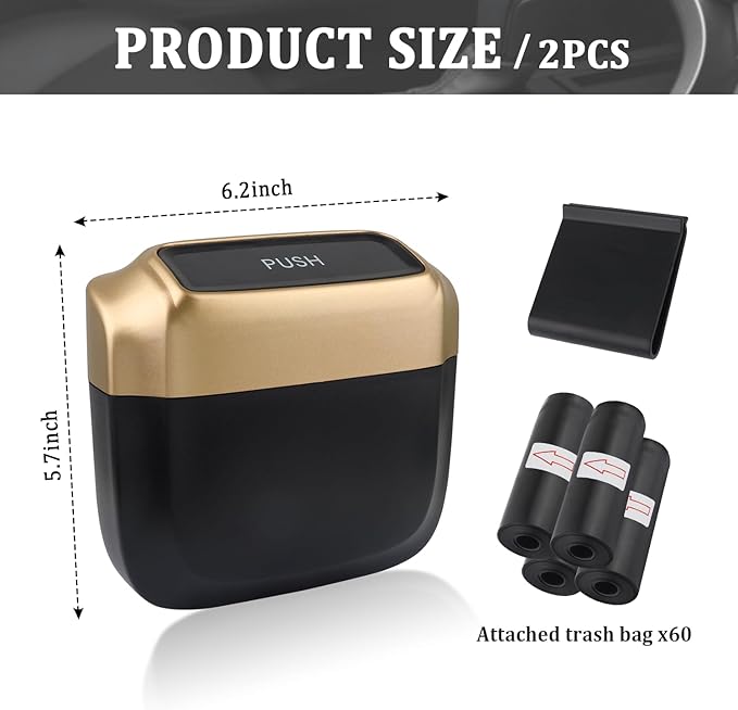 IHOTDER 2PCS Car Trash Can with Lid + 60PCS Garbage Bag,Mini Trash Can Car Interior Accessories,Multifunctional ABS Car Organizers and Storage (Gold)