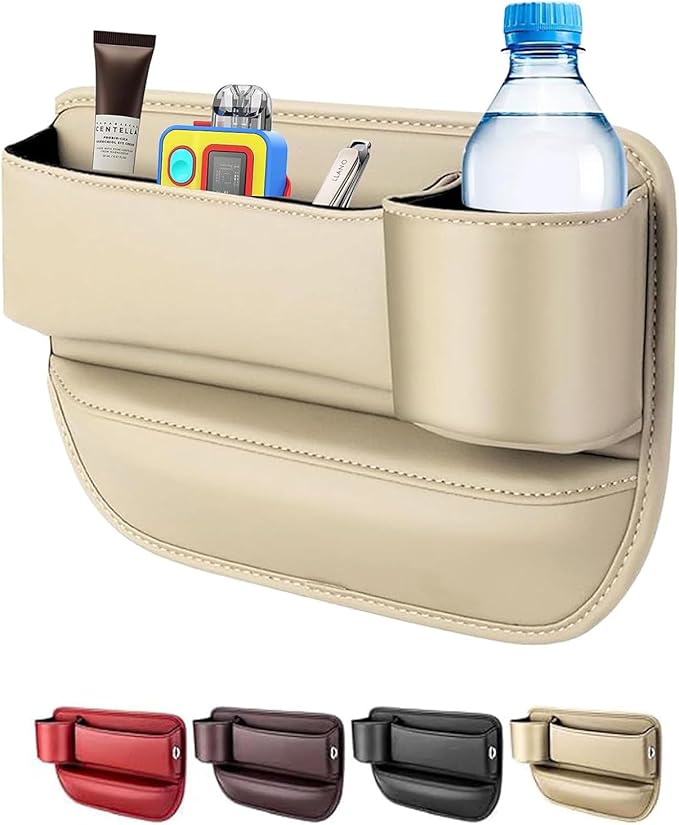 Car Seat Gap Filler Organizer for Toyota RAV4 2019-2025, Leather Seat Gap Storage Box with Cup Holder Phone Keys Glasses Cards Drinks Small Items Interior Accessories, Beige