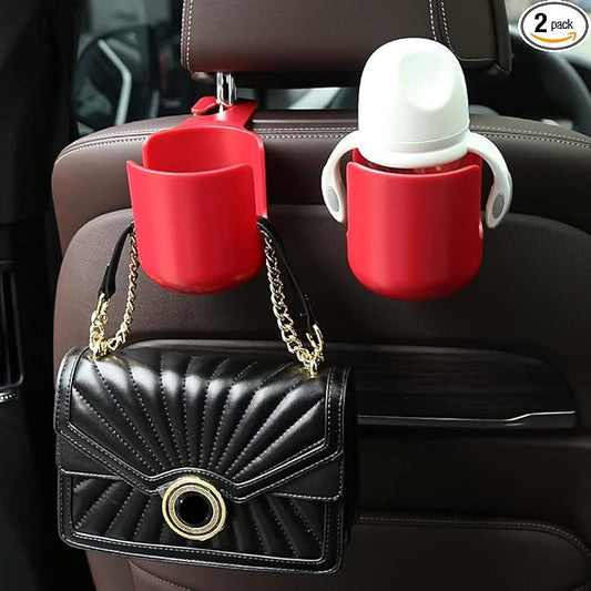 Car Seat Headrest Hook Organizer with Cup Holder - Universal Vehicle Storage Hanger for Handbags, Groceries, Backseat Organizer, Car Accessories Fit All Cars (Red)