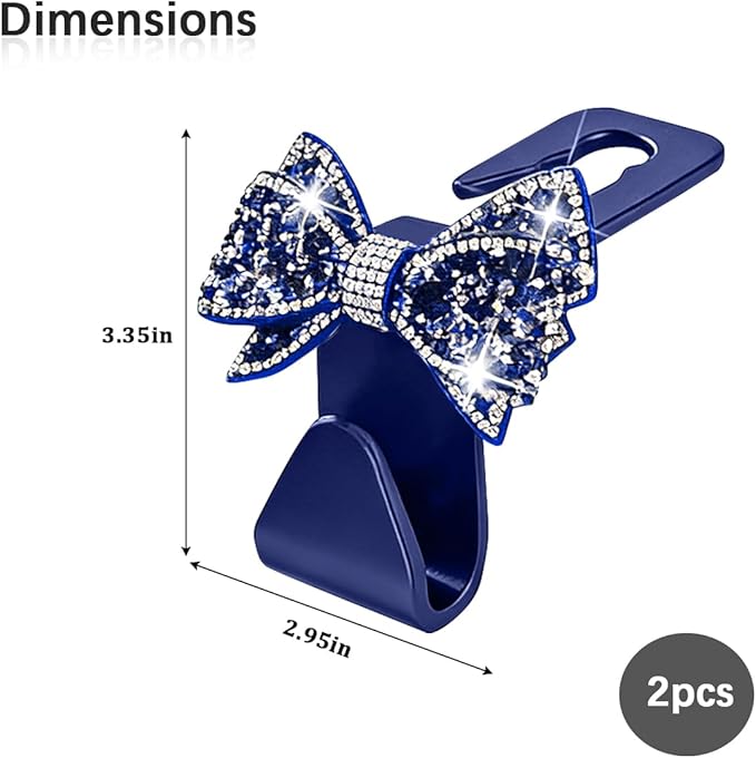 Zpana Bling Car Headreat Hook, 2PCS Crystal Rhinestone Cute Bow Vehicle Seat Back Hanger Storage for Purses Bags Grocery, Diamond Auto Rear Seat Organizer, Universal for SUV Truck Sedan (Blue)