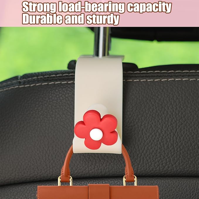 4 PCS Car Headrest Hook, Multifunctional Flower Vehicle Seat Back Storage Hook, Cute Automotive Seatback Organizer Hanger for Purse Grocery Bag Handbag, Universal Fit (Beige/Red)