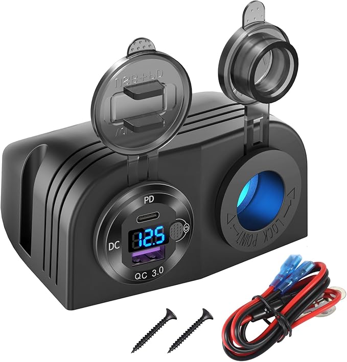 Tent Type Panel 12V USB Outlet Lighted Cigarette Lighter Socket, PD3.0 & QC3.0 Car USB Port Aluminum Charger with LED Voltmeter & Switch, Waterproof Power Panel Adapter DIY Kit for Car Boat Marine RV