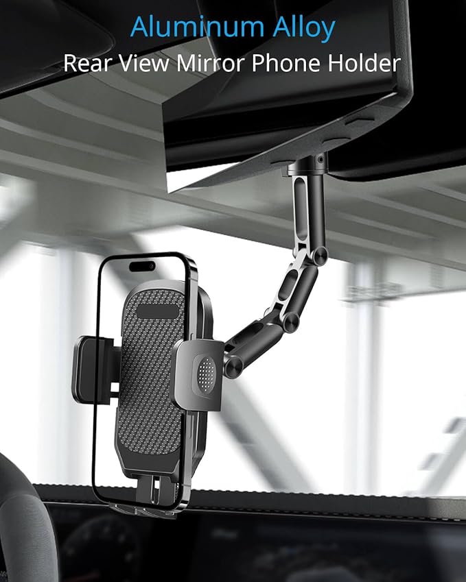 Quyee Phone Holder Car, Rear View Mirror Phone Holder - Aluminum Alloy Mount Multi-Angle Adjustment Rotatable and Retractable Compatible with All 4-7 Inch iPhone and Android Cell Phones (Black)
