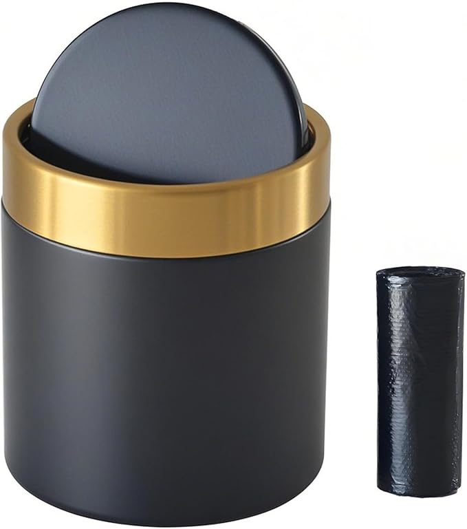 Mini Trash Can with Lid, 1.5 Liter / 0.4 Gallon Small Metal Desk Garbage Bin for Countertop, Coffee Bar, Vanity – Black