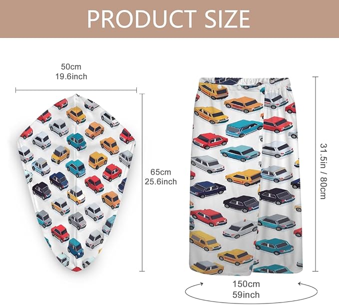 Women Bath Wrap Hair Towel Drying Cap Set Colorful Cars Pattern Print Soft Absorbent Bathrobe Shower Wraps with Adjustable Closure Spa Bath Robe