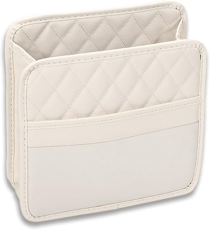 Car Seat Back Hanging Bag, PU Leather Automotive Seat Back Organizer, Multipurpose Vehicle Travel Essentials Accessories for Kids & Adults, Universal for Most Cars (Beige)